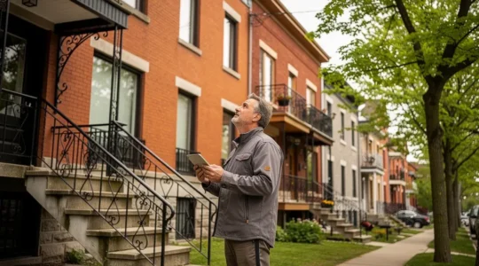 Inspecteur en bâtiment certifié examinant la façade d'un duplex montréalais