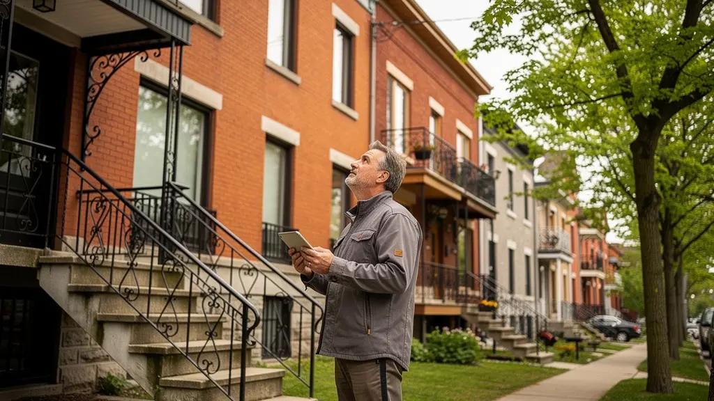 Inspecteur en bâtiment certifié examinant la façade d'un duplex montréalais