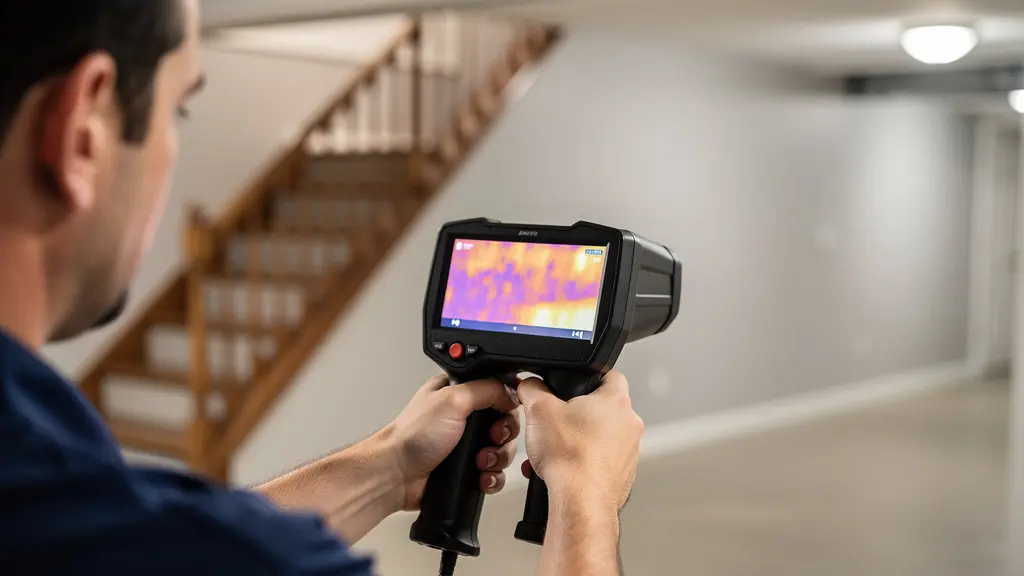 Inspecteur utilisant caméra thermique pour détecter humidité lors inspection préachat